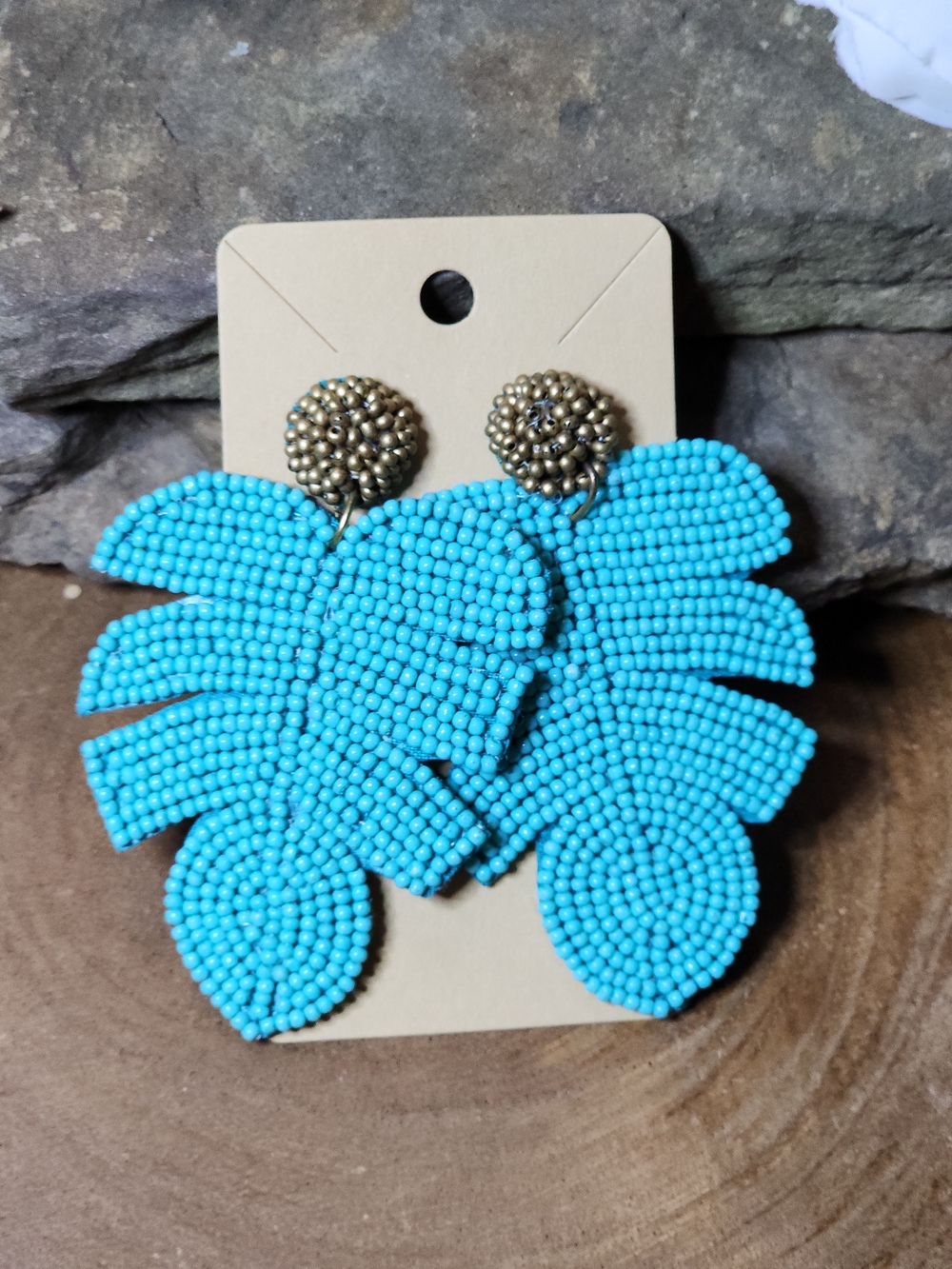 Turquoise Colored Beaded Leaf Statement Earrings